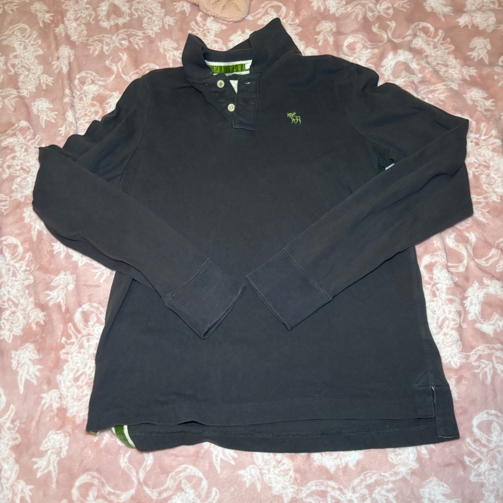 Abercrombie & Fitch Mens XXL Gray Muscle Long Sleeve Polo Shirt Green Moose Logo